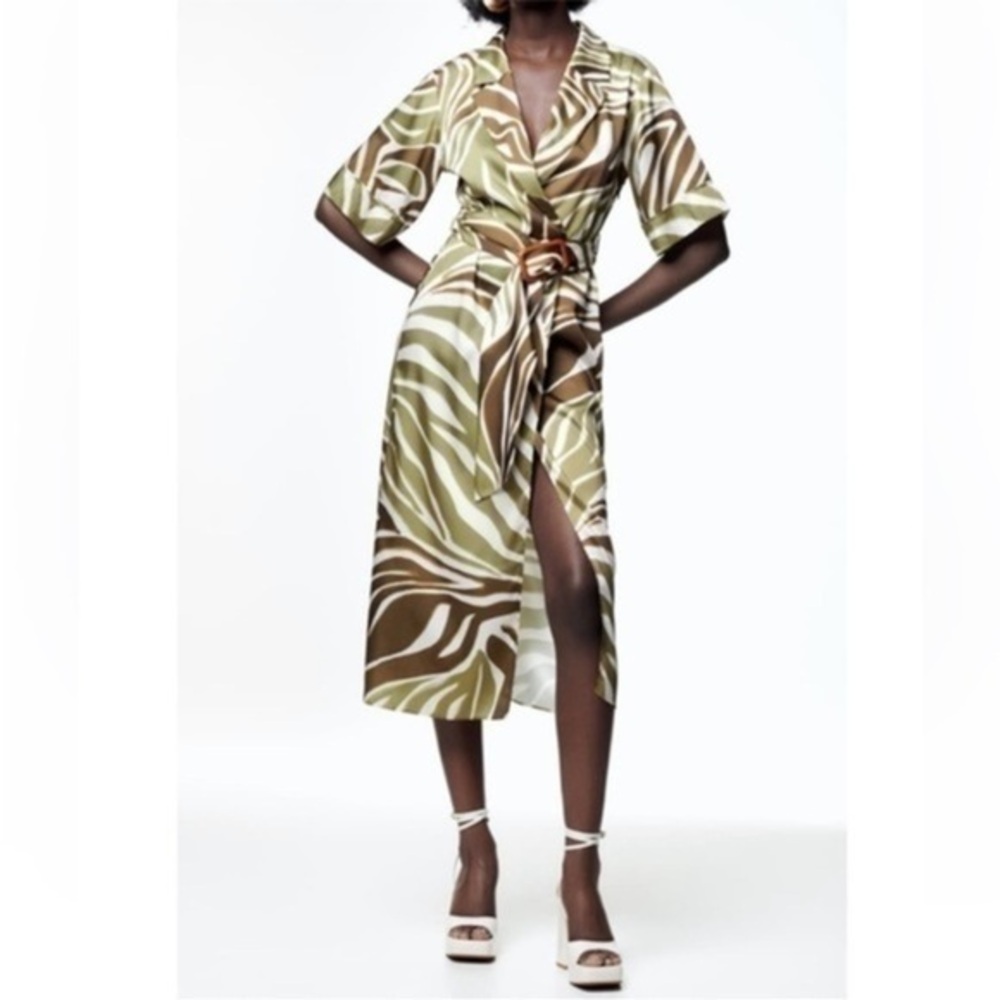 New Zara Midi Length Animal Print Shirt Dress With Side Buckle
